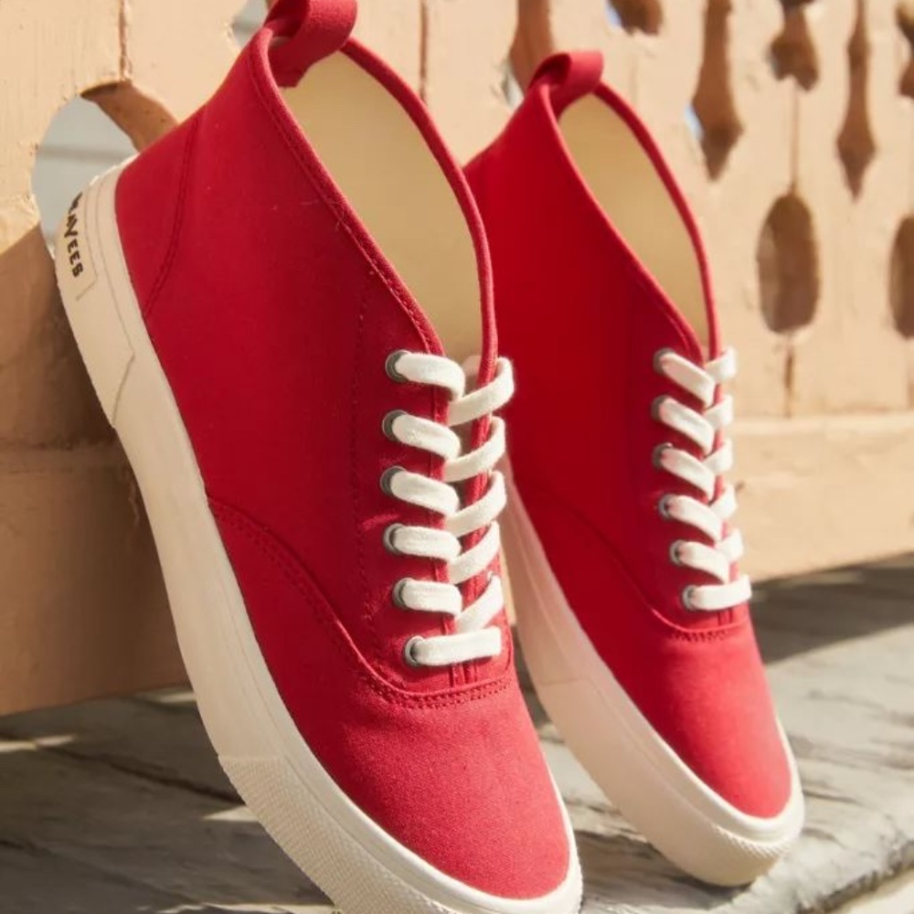 NEW SeaVees Legend 90 Hi Top Sneaker Shoes in Cherry Cotton Canvas Red